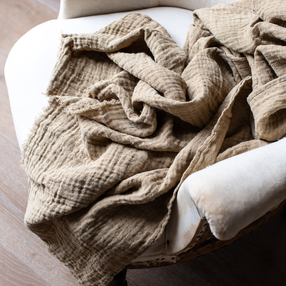 HANDMADE CRUSHED LINEN BLANKET IN HAY