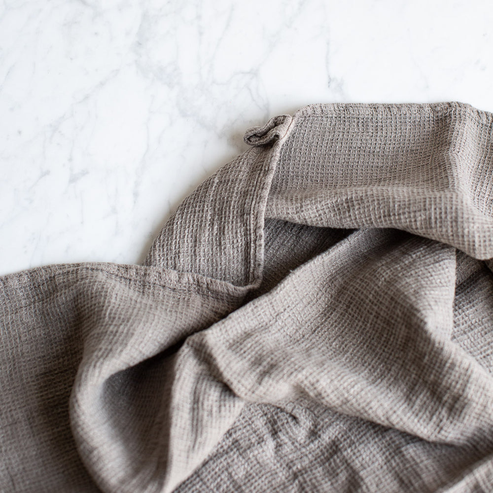 HANDMADE WAFFLE LINEN KITCHEN TOWEL IN TAUPE GREY