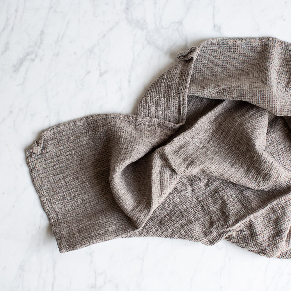 HANDMADE WAFFLE LINEN KITCHEN TOWEL IN TAUPE GREY