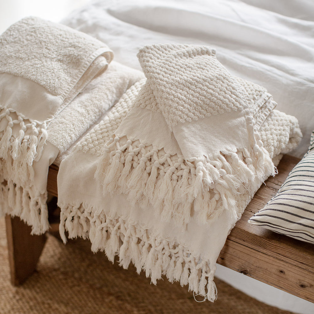 HANDWOVEN ORGANIC COTTON CHECKED TOWELS IN ECRU