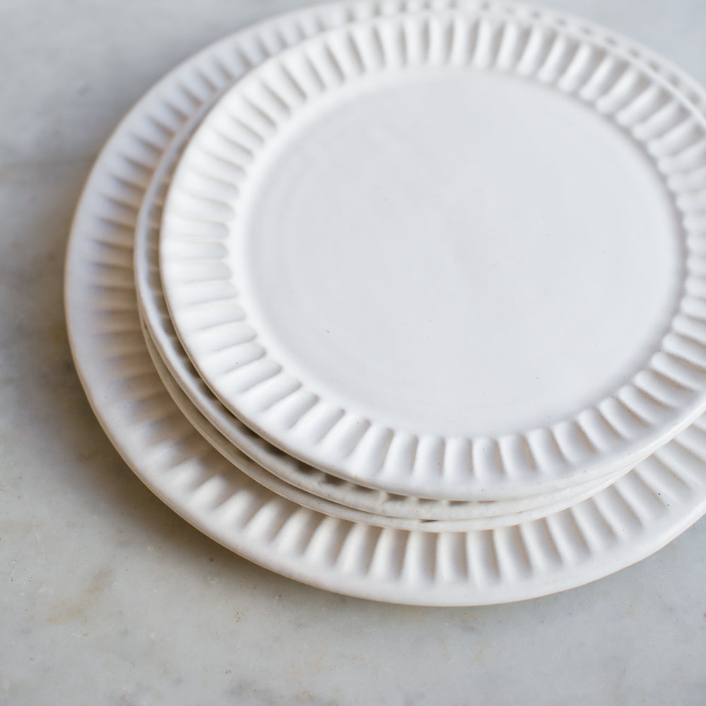 handmade stoneware fluted dinner and side plate in matte white glaze