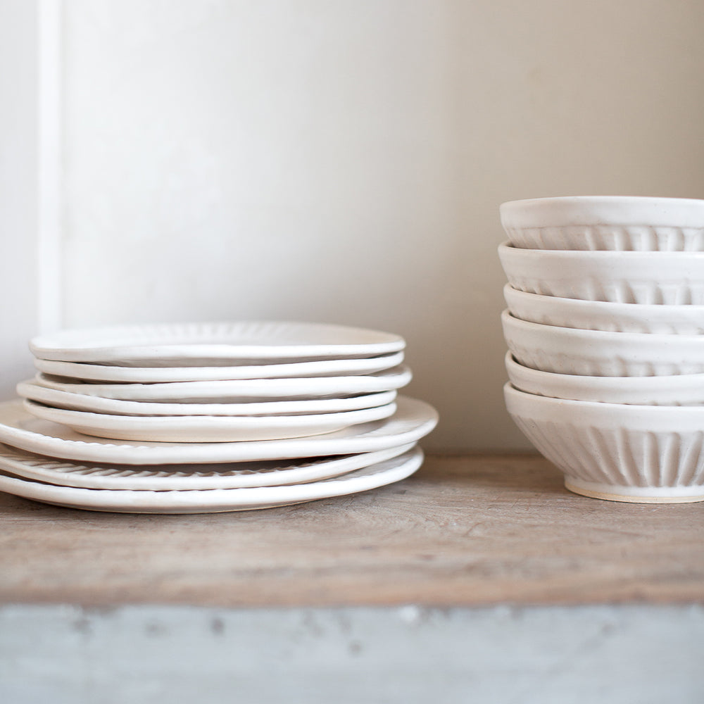 handmade organic stoneware fluted dinner plate and bowl