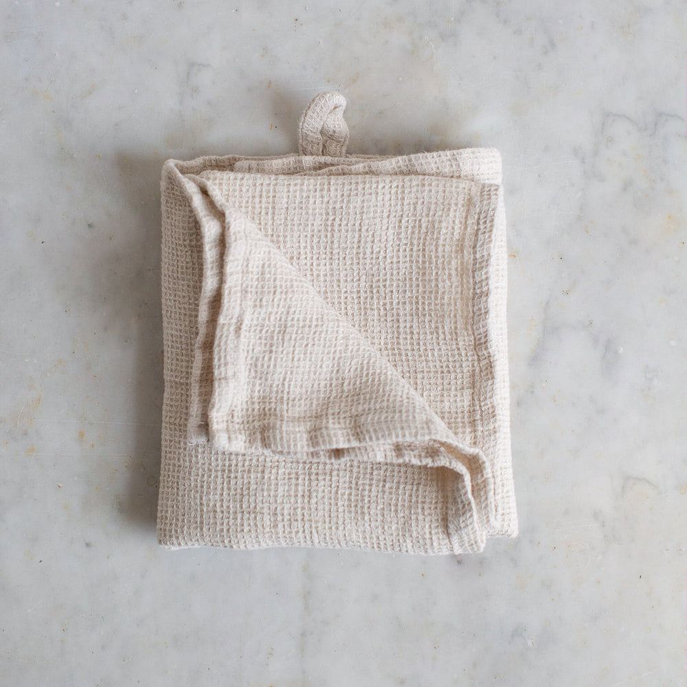 HANDMADE WAFFLE LINEN KITCHEN TOWEL IN WARM WHITE