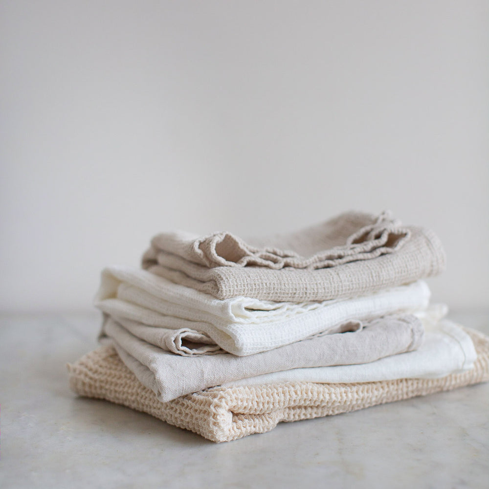 HANDMADE WAFFLE LINEN KITCHEN TOWEL IN OFF-WHITE