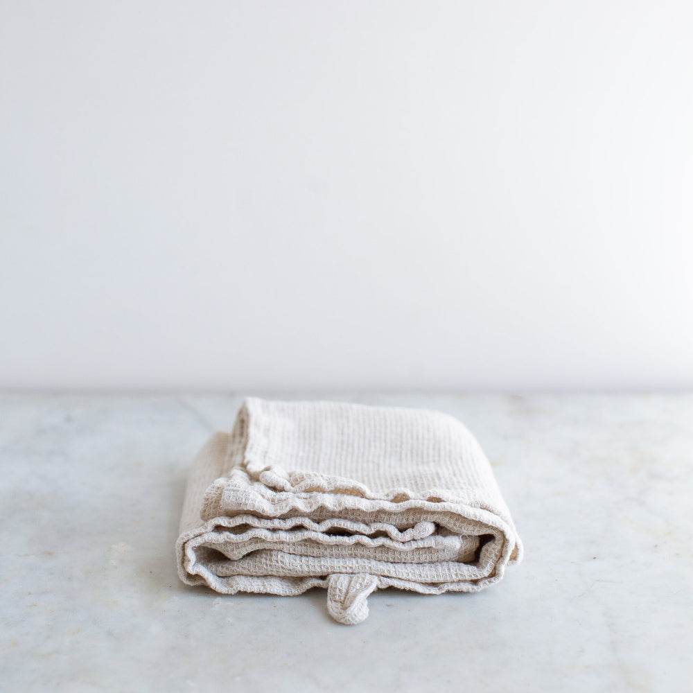 HANDMADE WAFFLE LINEN KITCHEN TOWEL IN WARM WHITE