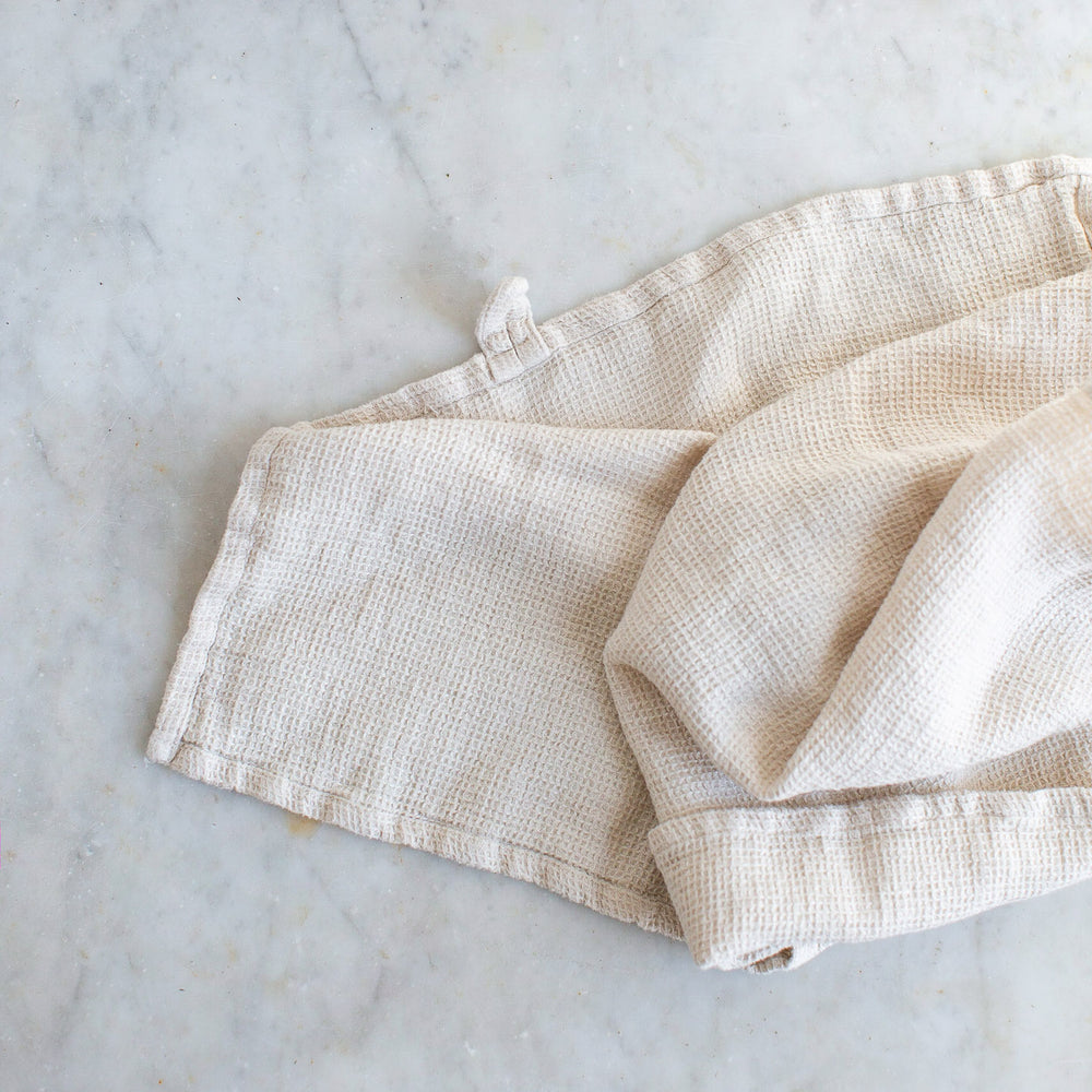 HANDMADE WAFFLE LINEN KITCHEN TOWEL IN WARM WHITE