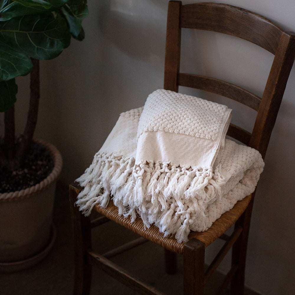 HANDWOVEN ORGANIC COTTON CHECKED TOWELS IN ECRU